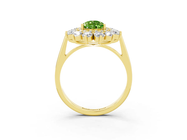 Yellow gold Pear Cut Halo Cluster Diamond Ring with Pave Band and Four-Prong Setting
