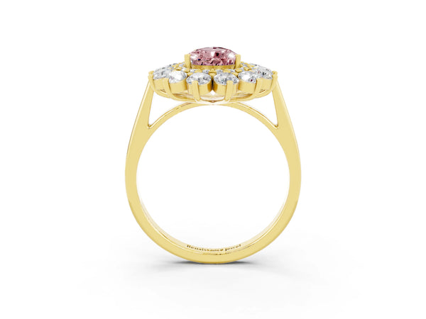 Yellow gold Pear Cut Halo Cluster Diamond Ring with Pave Band and Four-Prong Setting