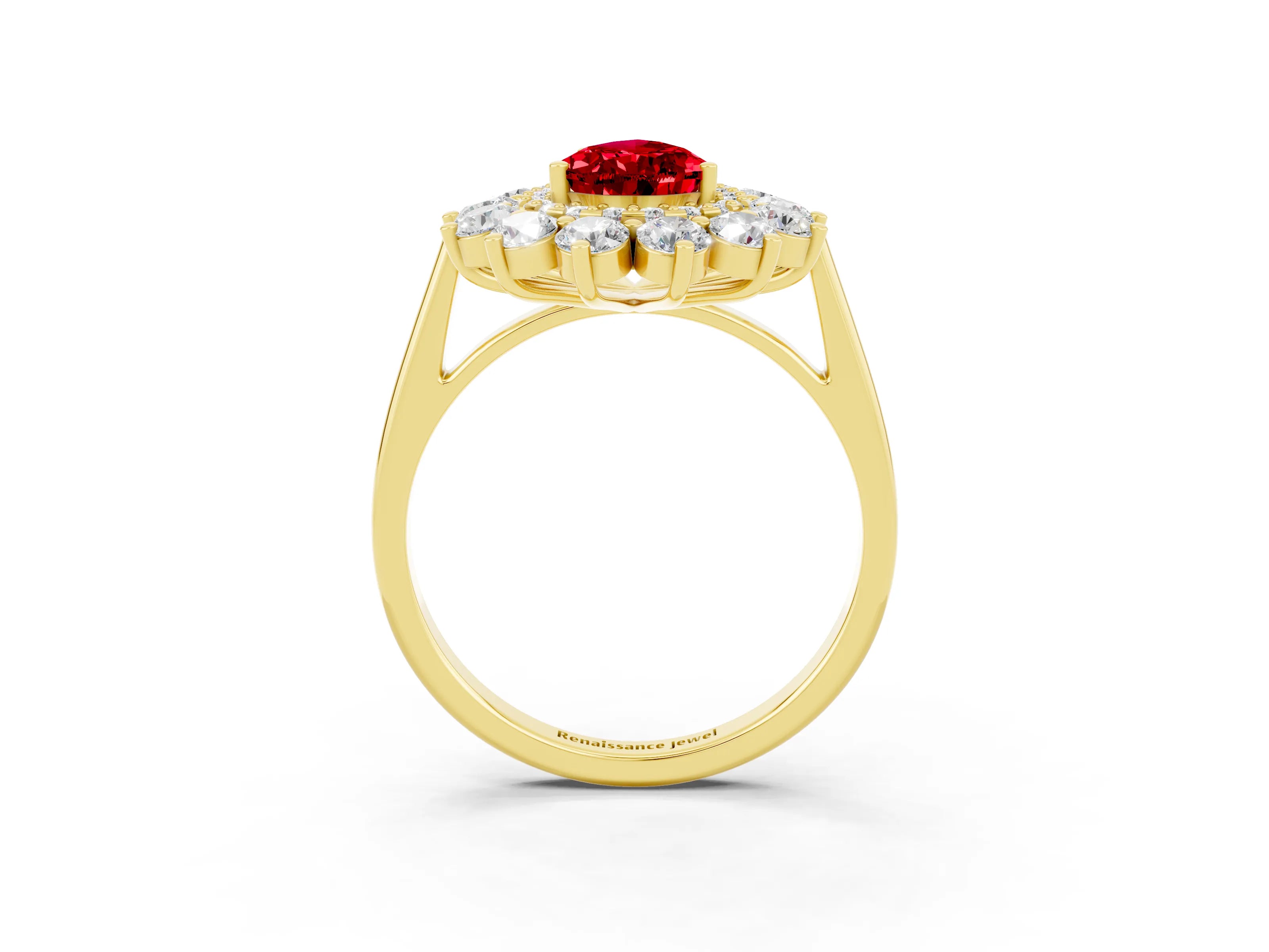 Yellow gold Pear Cut Halo Cluster Diamond Ring with Pave Band and Four-Prong Setting_3
