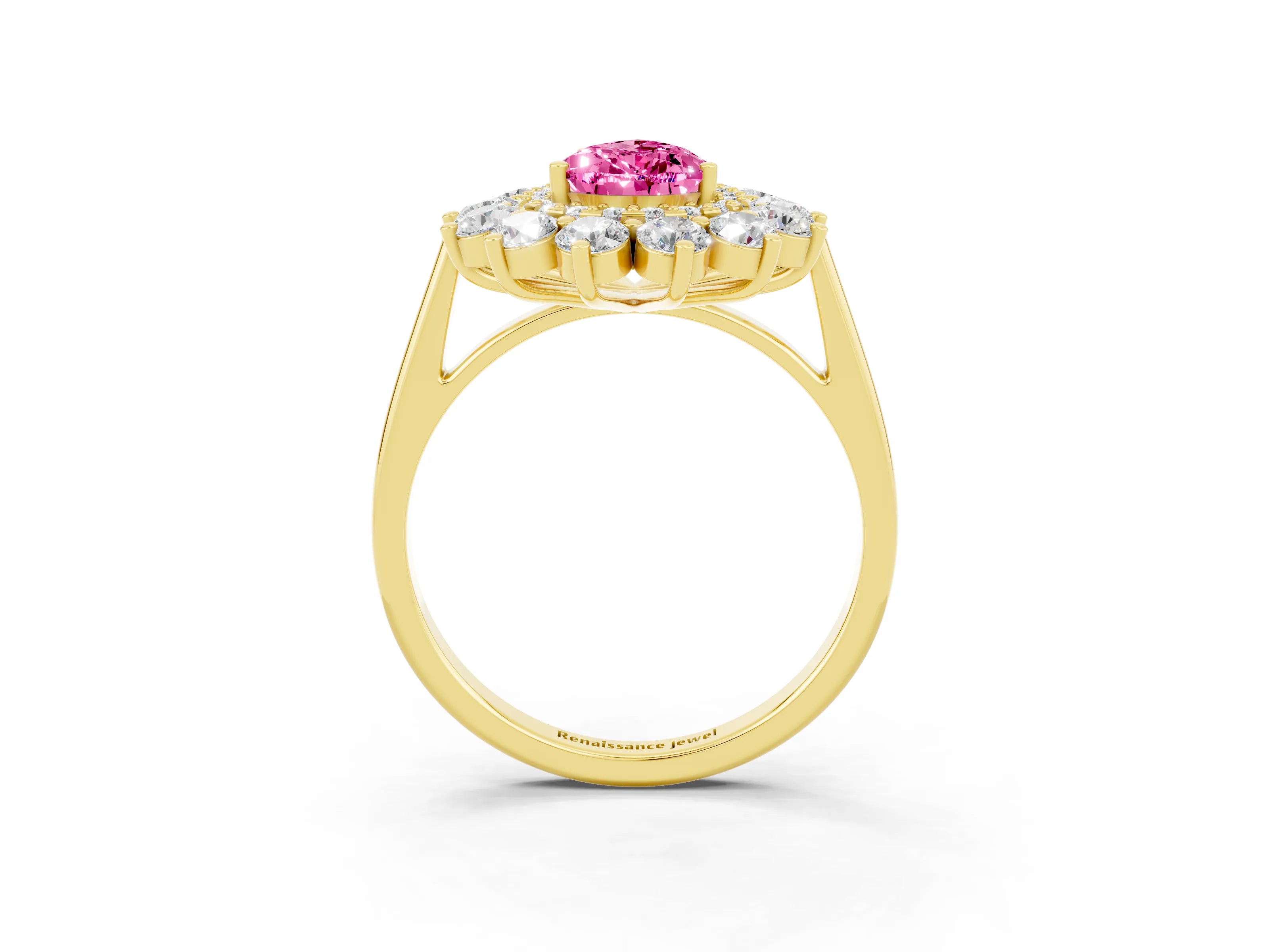 Yellow gold Pear Cut Halo Cluster Diamond Ring with Pave Band and Four-Prong Setting_3