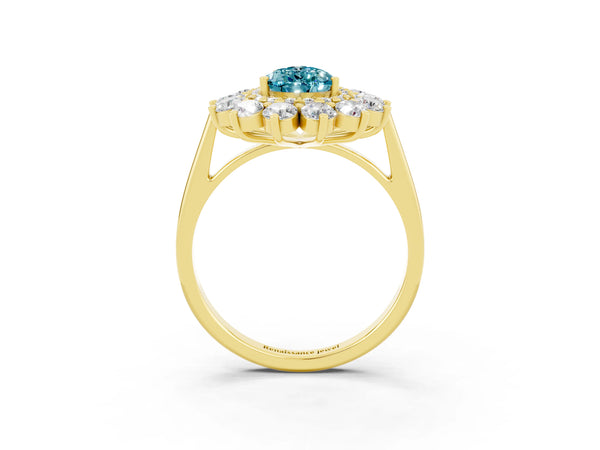 Yellow gold Pear Cut Halo Cluster Diamond Ring with Pave Band and Four-Prong Setting
