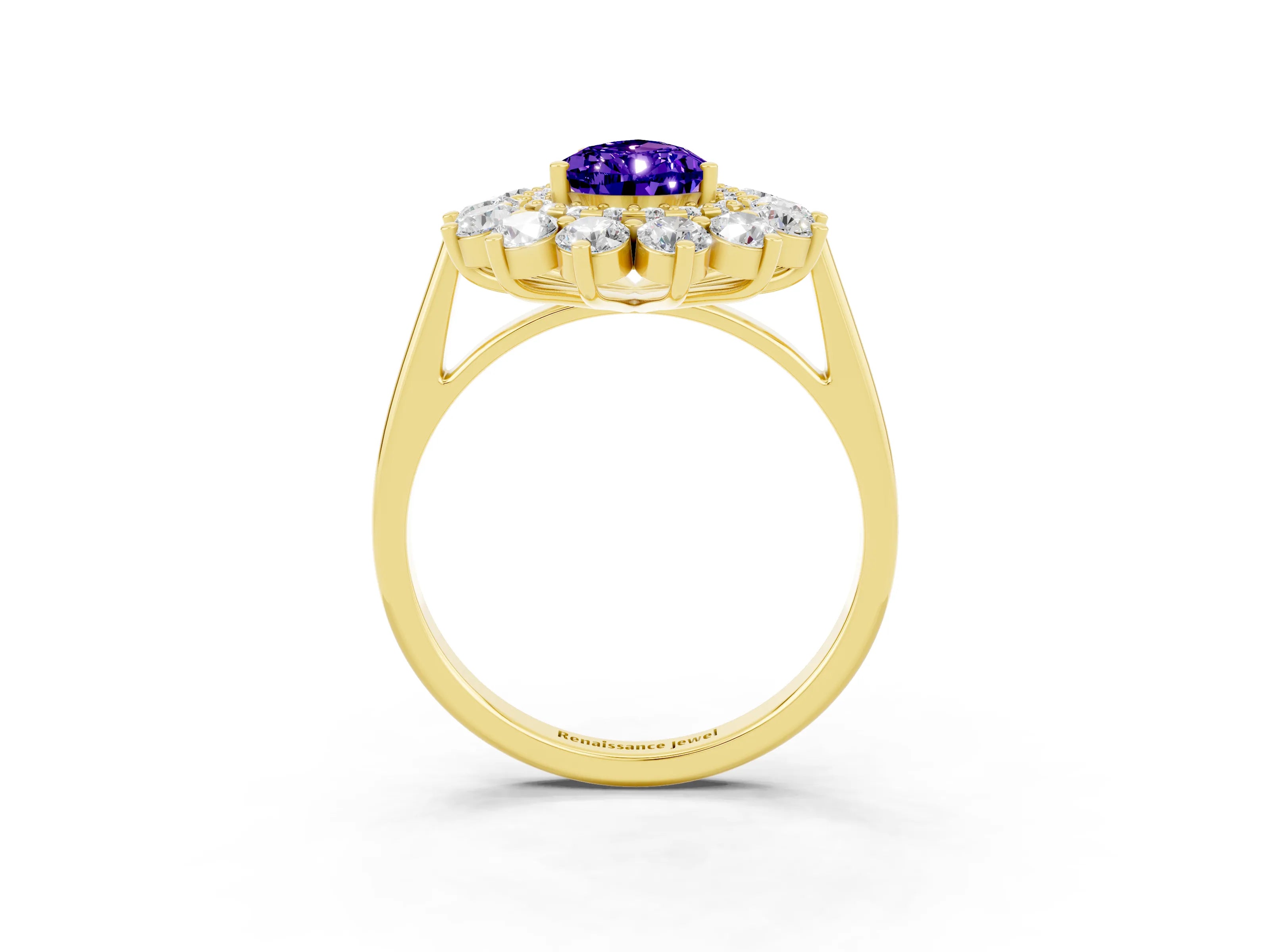 Yellow gold Pear Cut Halo Cluster Diamond Ring with Pave Band and Four-Prong Setting_3
