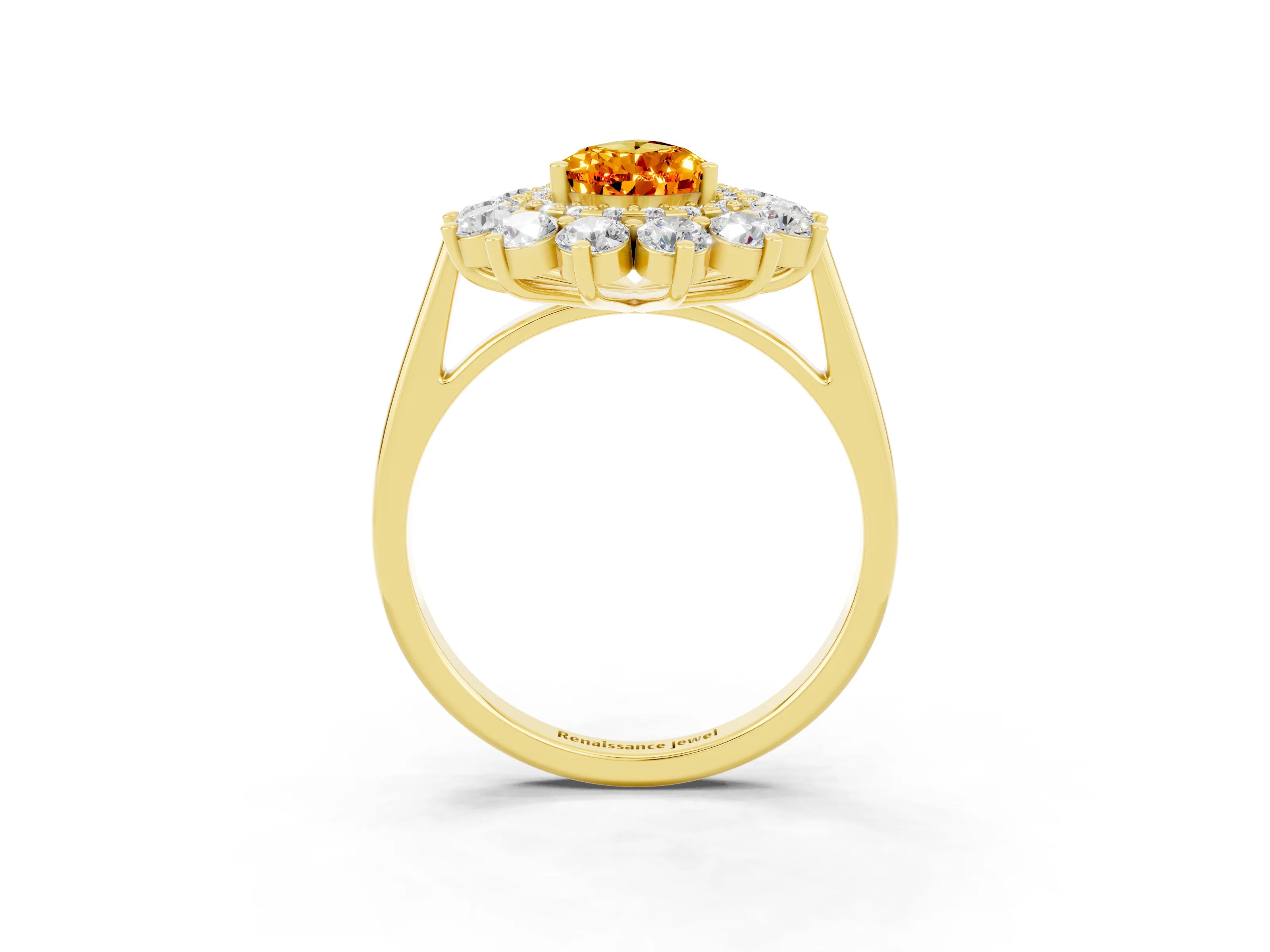 Yellow gold Pear Cut Halo Cluster Diamond Ring with Pave Band and Four-Prong Setting_3