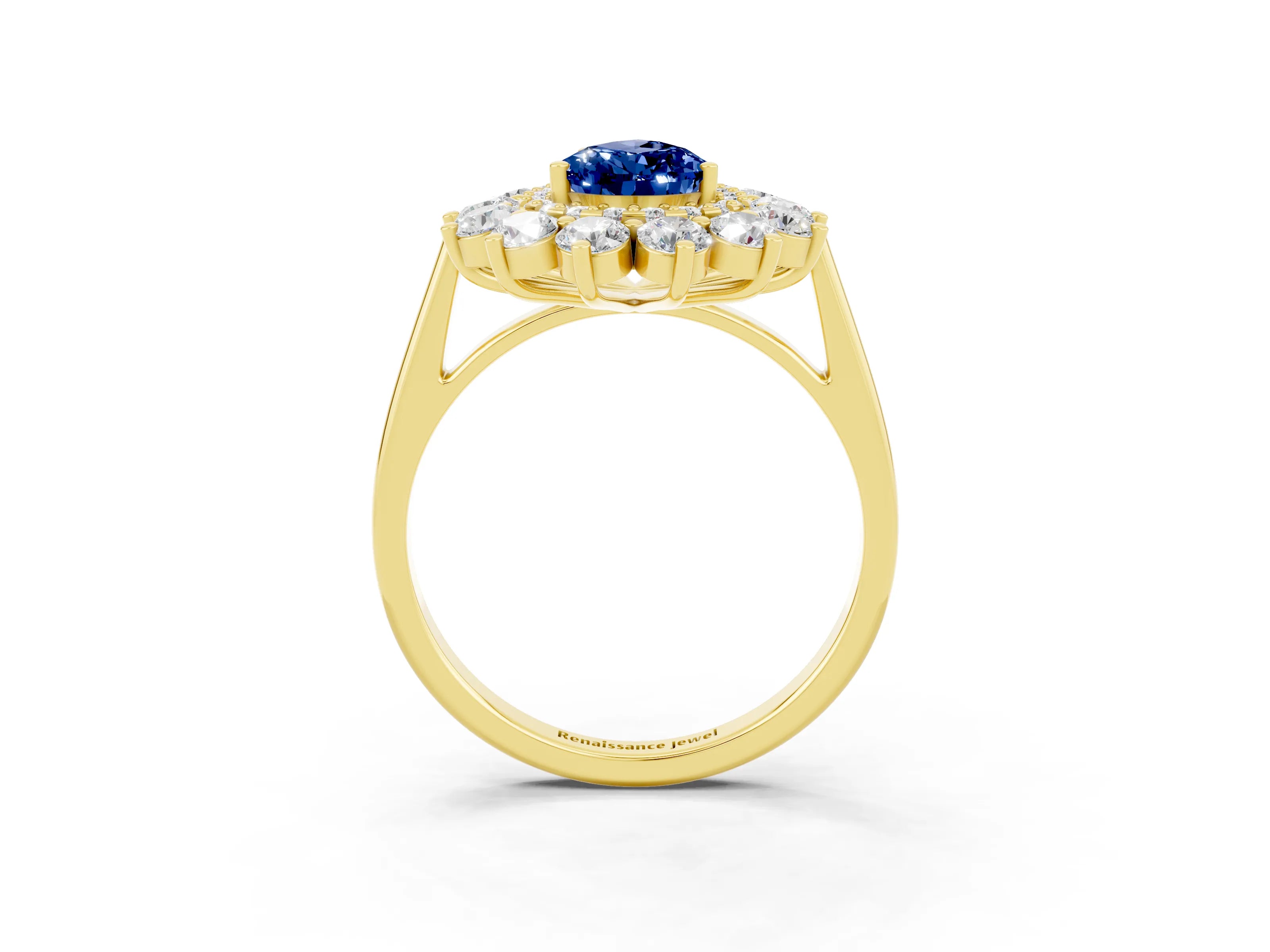 Yellow gold Pear Cut Halo Cluster Diamond Ring with Pave Band and Four-Prong Setting_3