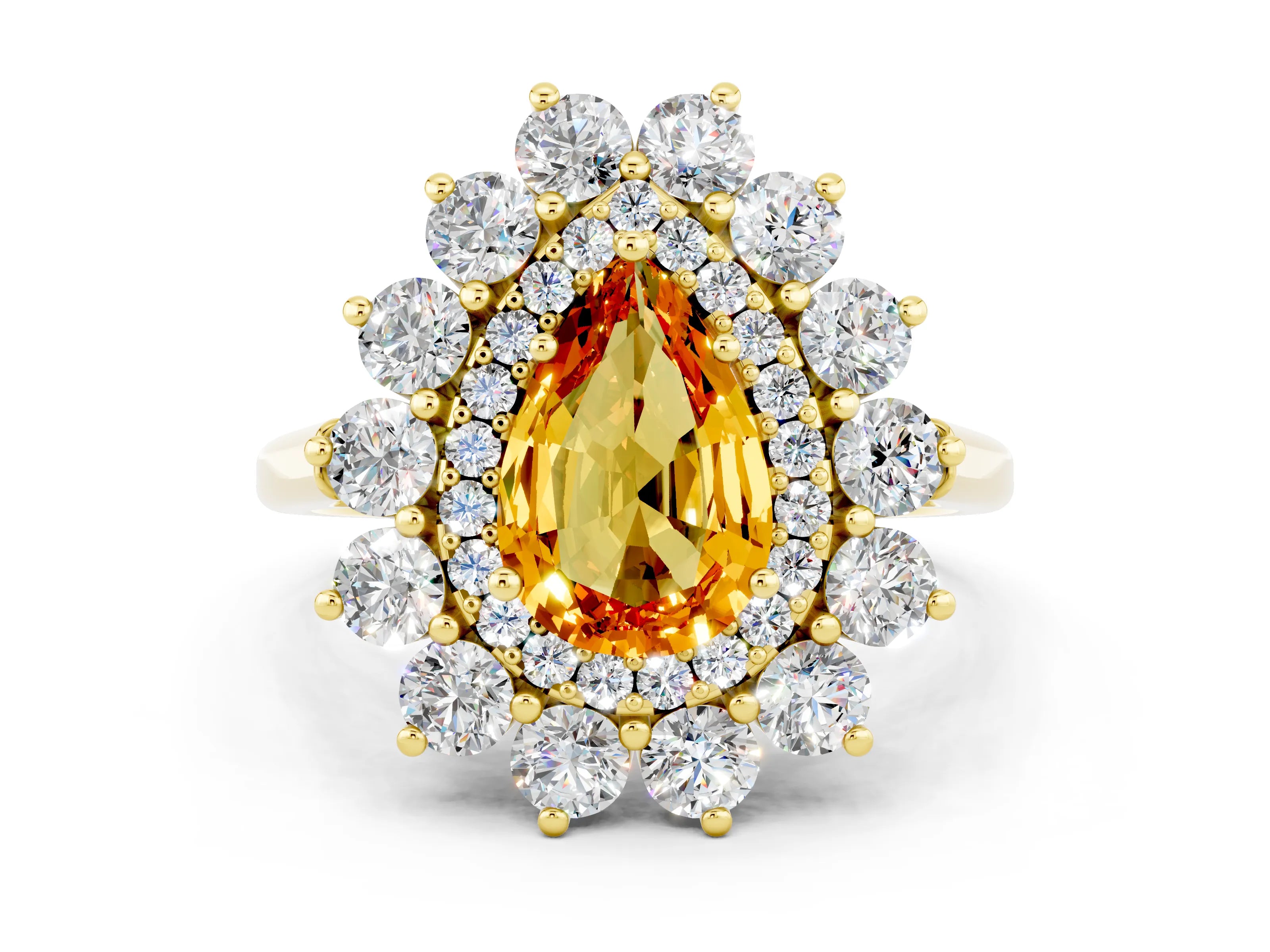 Yellow gold Pear Cut Halo Cluster Diamond Ring with Pave Band and Four-Prong Setting