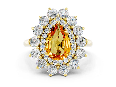 Yellow gold Pear Cut Halo Cluster Diamond Ring with Pave Band and Four-Prong Setting