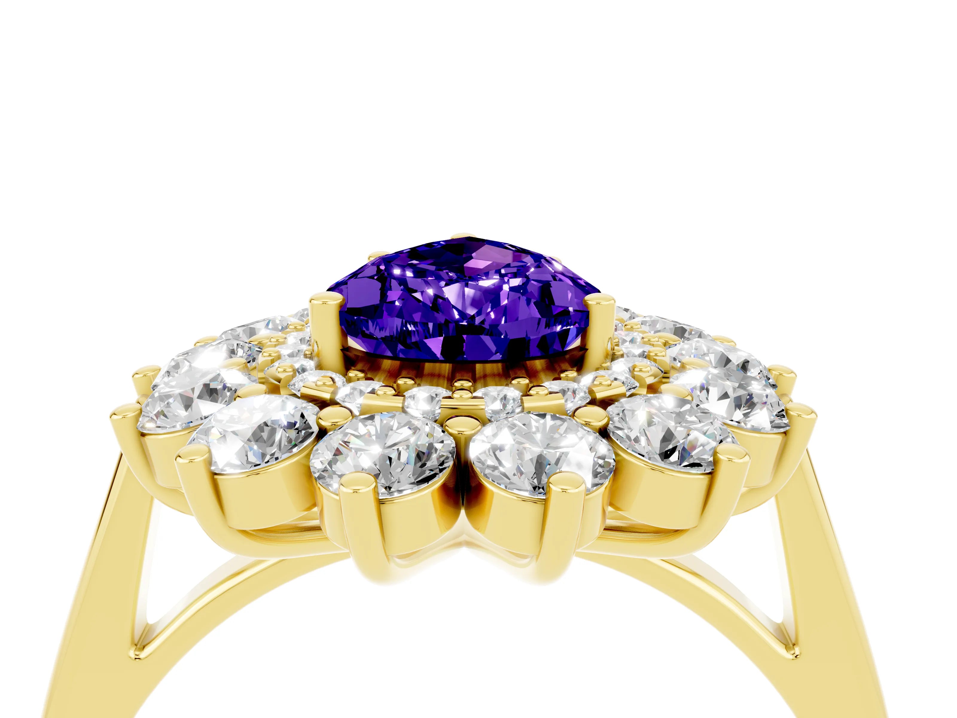 Yellow gold Pear Cut Halo Cluster Diamond Ring with Pave Band and Four-Prong Setting_4