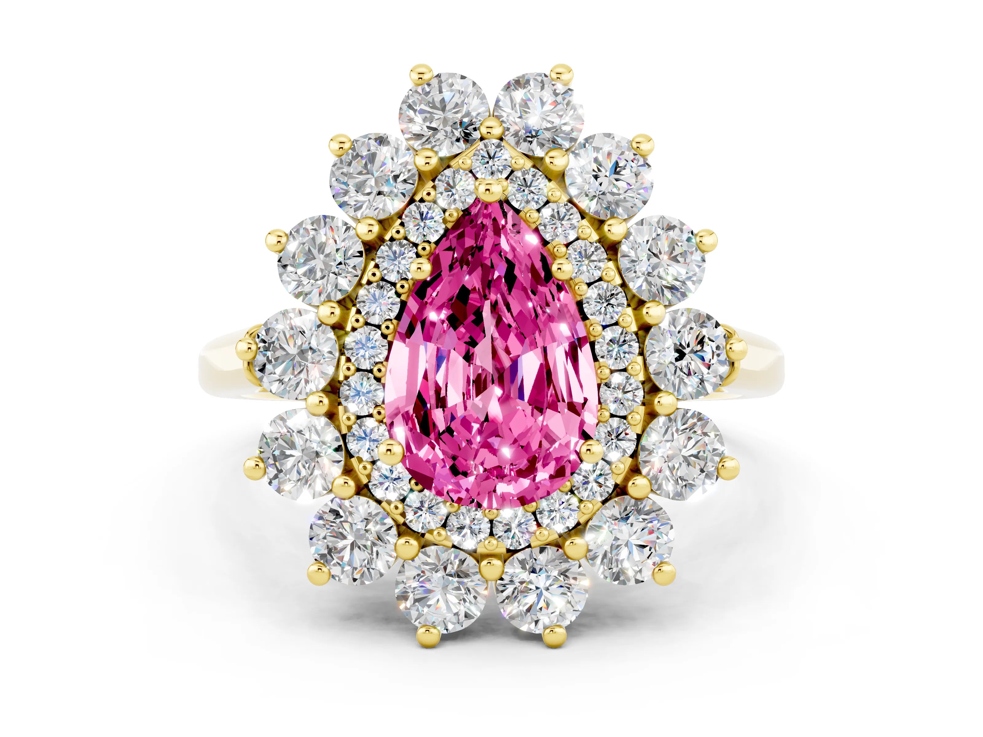 Yellow gold Pear Cut Halo Cluster Diamond Ring with Pave Band and Four-Prong Setting