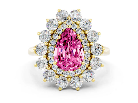 Yellow gold Pear Cut Halo Cluster Diamond Ring with Pave Band and Four-Prong Setting