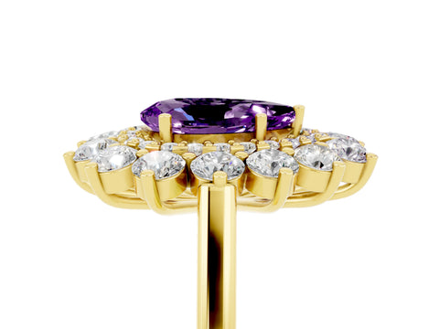 Yellow gold Pear Cut Halo Cluster Diamond Ring with Pave Band and Four-Prong Setting_5