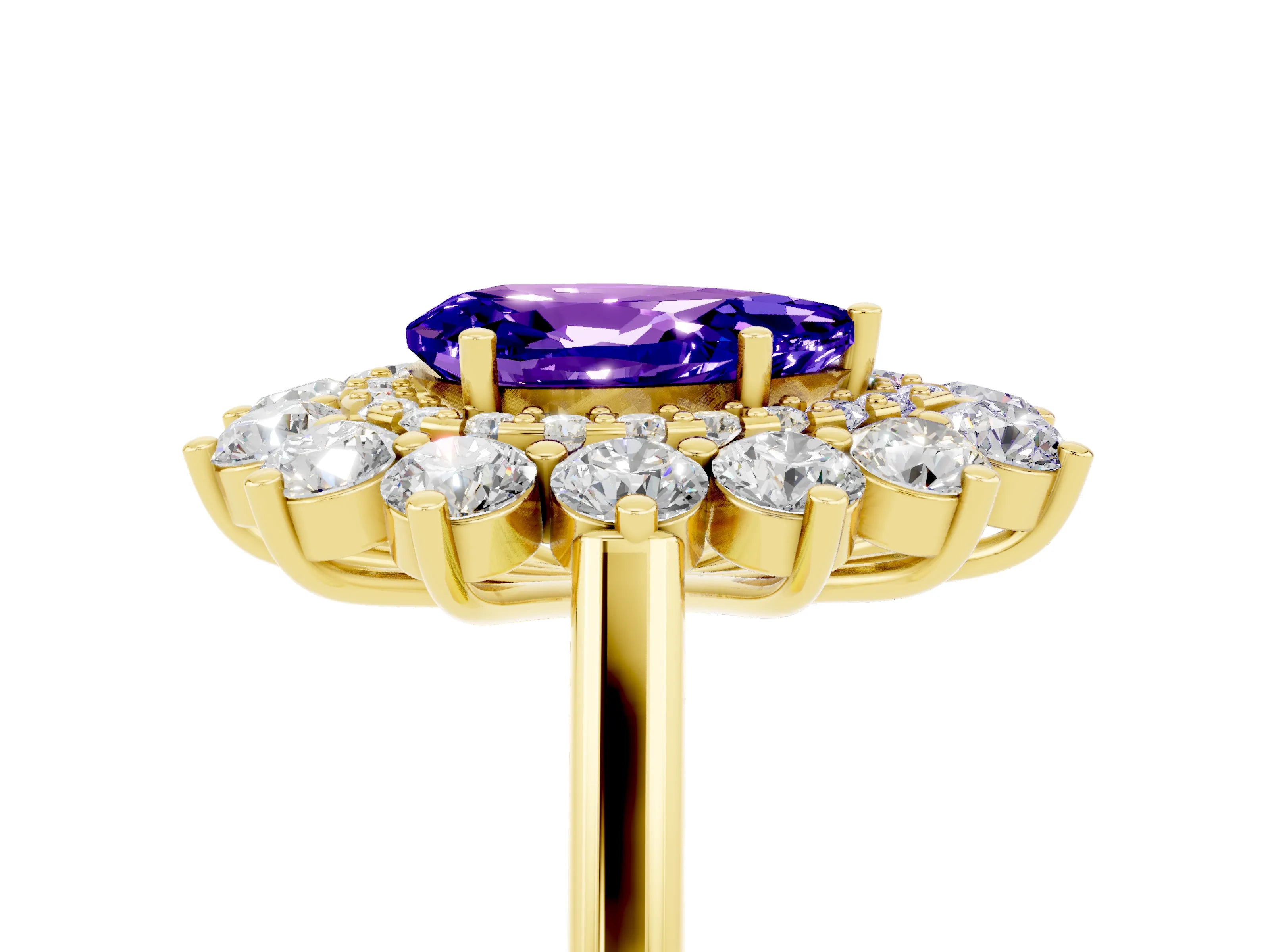 Yellow gold Pear Cut Halo Cluster Diamond Ring with Pave Band and Four-Prong Setting_5