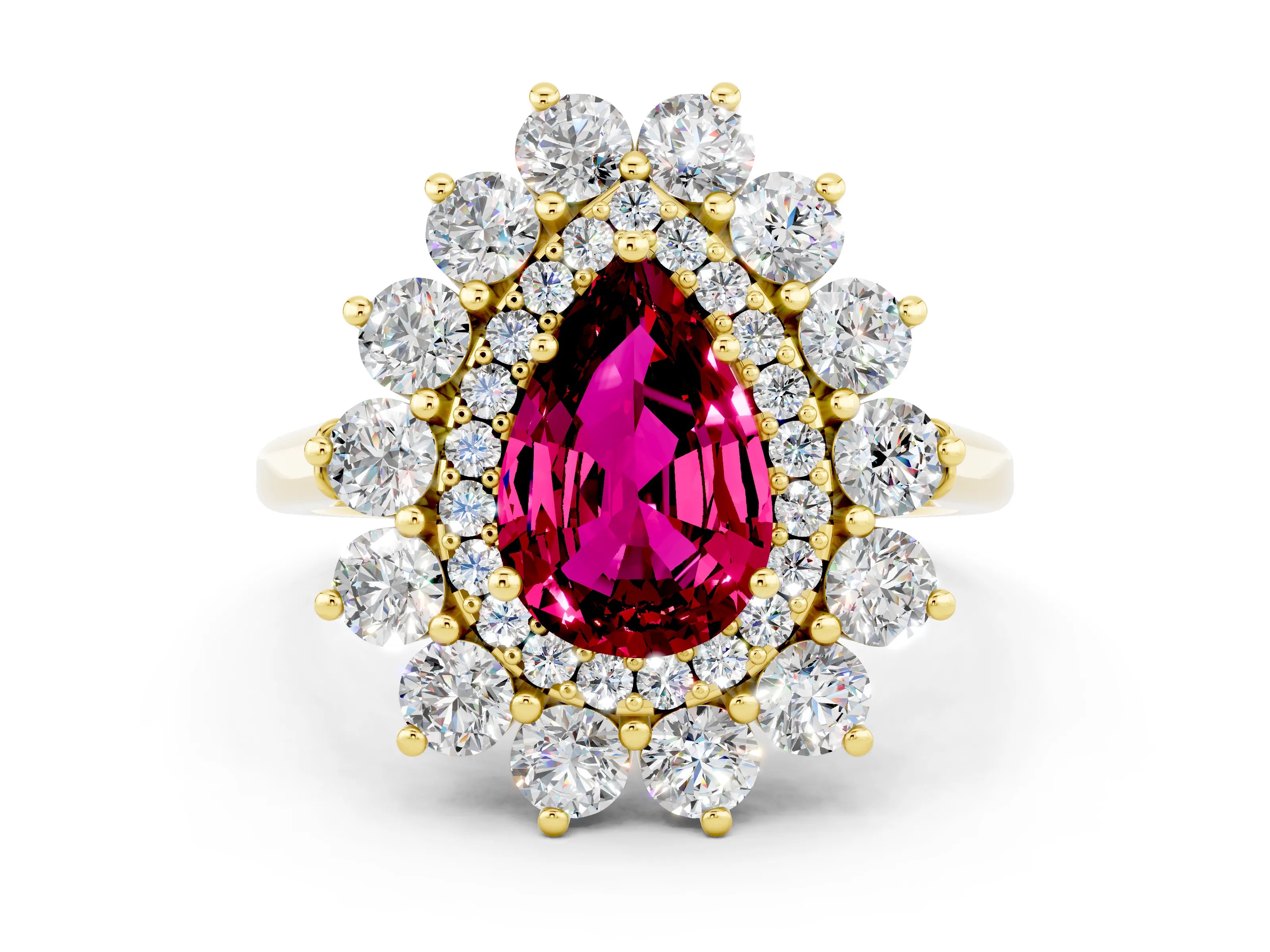 Yellow gold Pear Cut Halo Cluster Diamond Ring with Pave Band and Four-Prong Setting