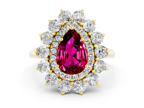 Yellow gold Pear Cut Halo Cluster Diamond Ring with Pave Band and Four-Prong Setting
