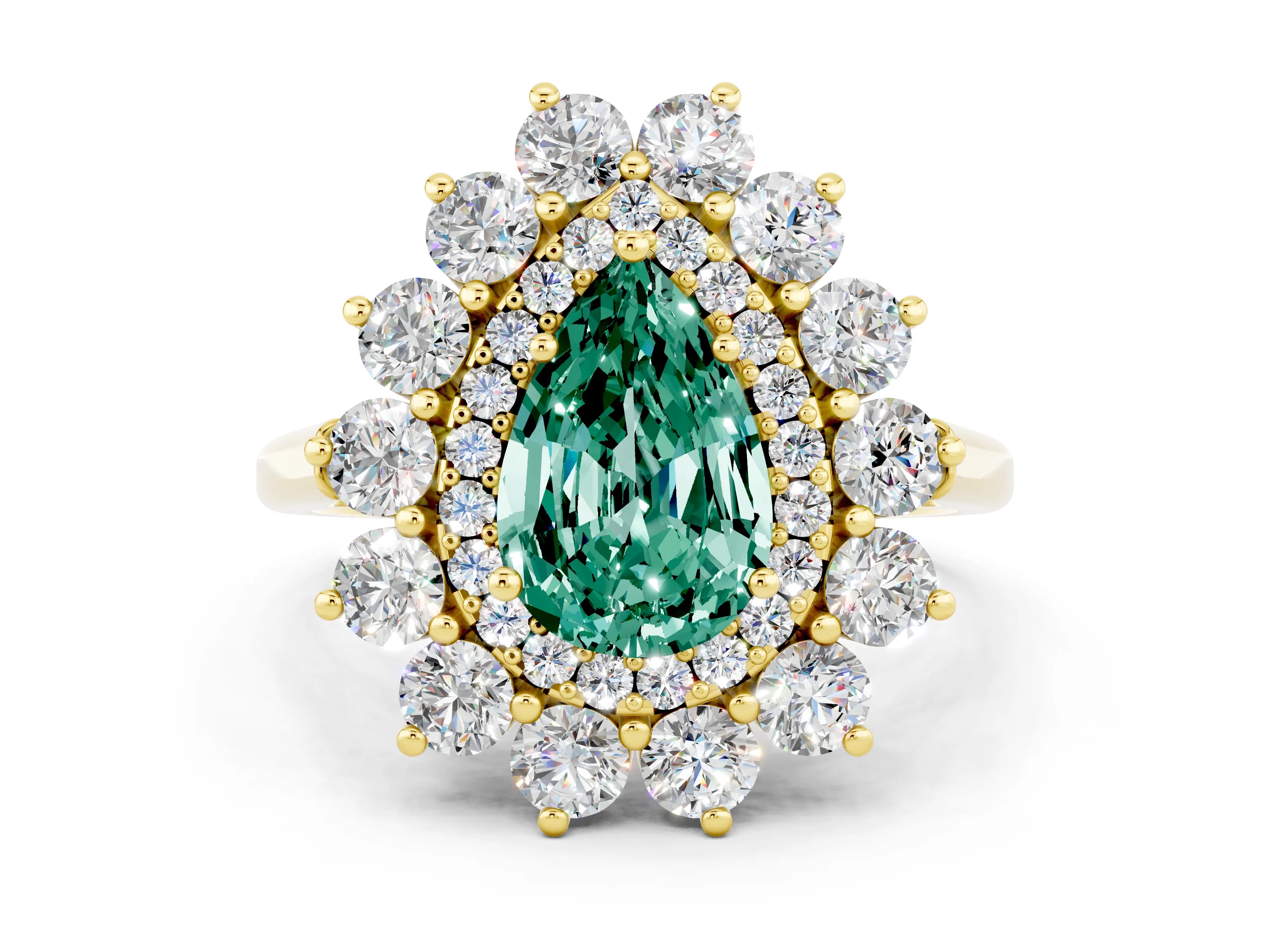 Yellow gold Pear Cut Halo Cluster Diamond Ring with Pave Band and Four-Prong Setting