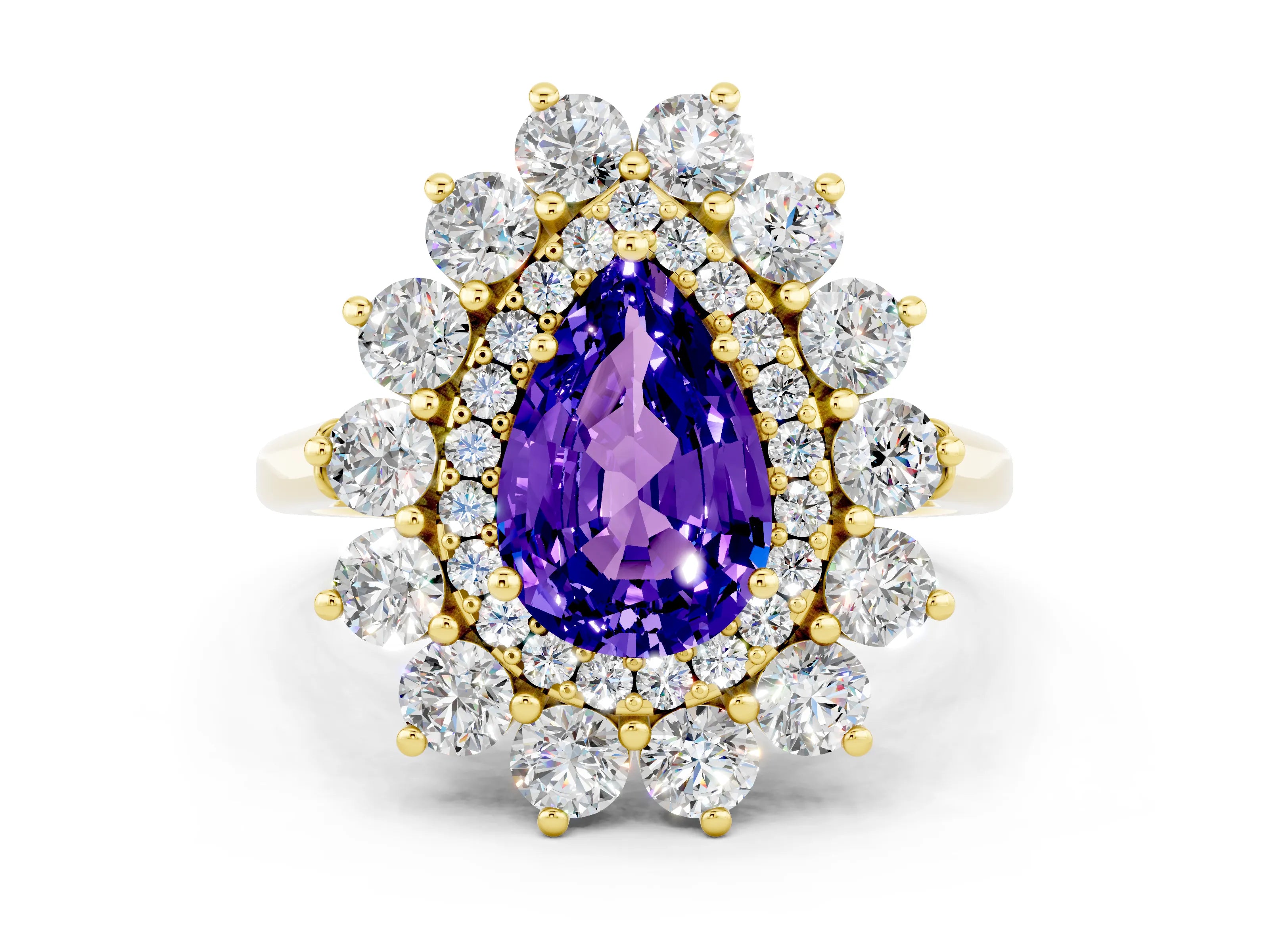 Yellow gold Pear Cut Halo Cluster Diamond Ring with Pave Band and Four-Prong Setting