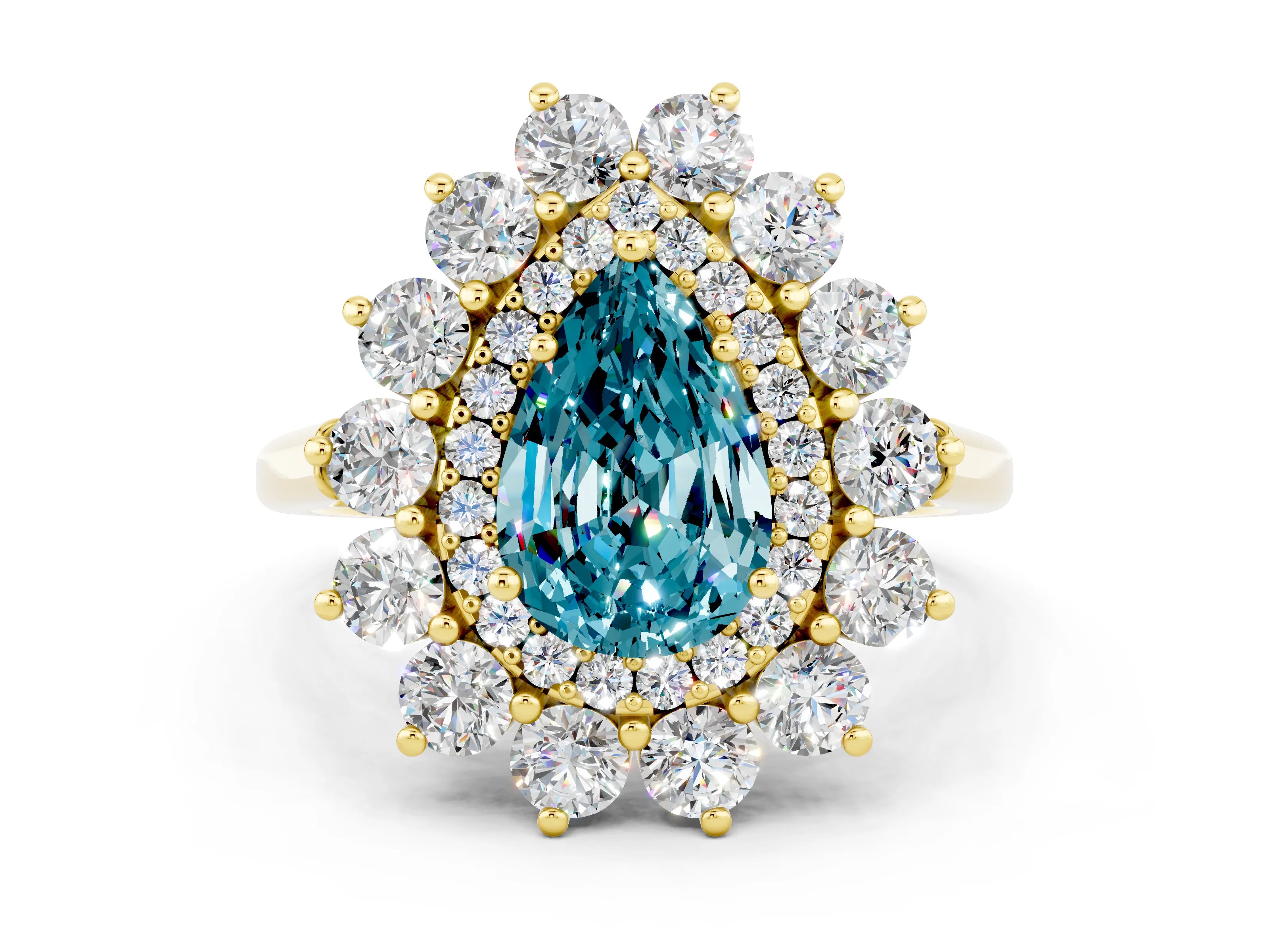 Yellow gold Pear Cut Halo Cluster Diamond Ring with Pave Band and Four-Prong Setting