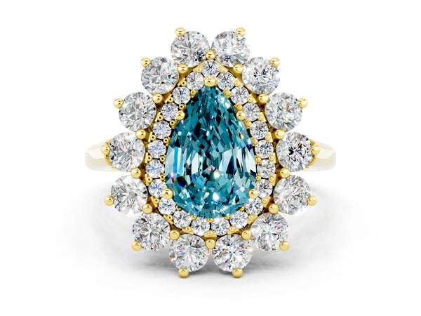 Yellow gold Pear Cut Halo Cluster Diamond Ring with Pave Band and Four-Prong Setting