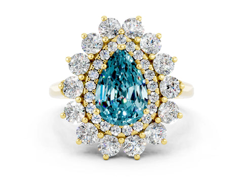 Yellow gold Pear Cut Halo Cluster Diamond Ring with Pave Band and Four-Prong Setting