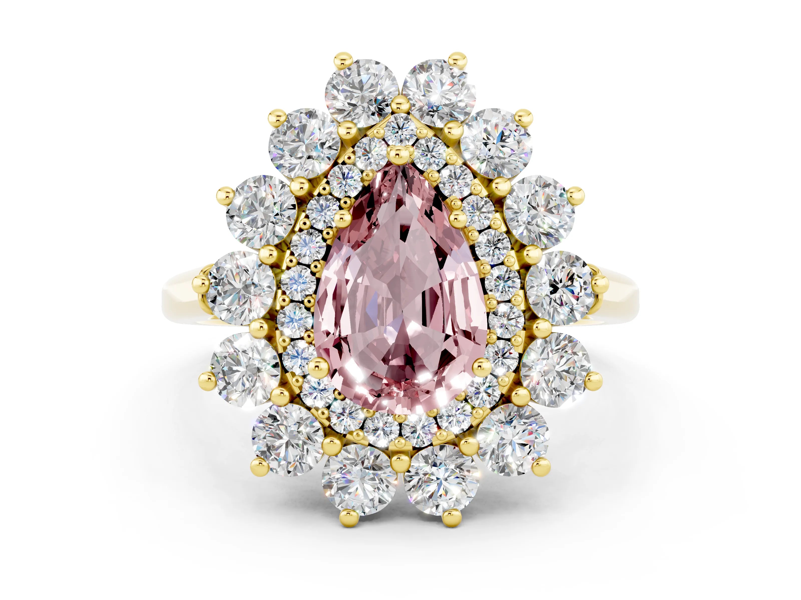 Yellow gold Pear Cut Halo Cluster Diamond Ring with Pave Band and Four-Prong Setting