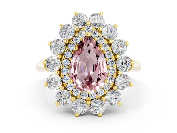 Yellow gold Pear Cut Halo Cluster Diamond Ring with Pave Band and Four-Prong Setting