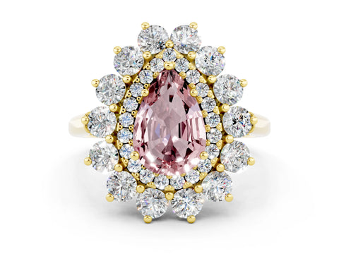 Yellow gold Pear Cut Halo Cluster Diamond Ring with Pave Band and Four-Prong Setting