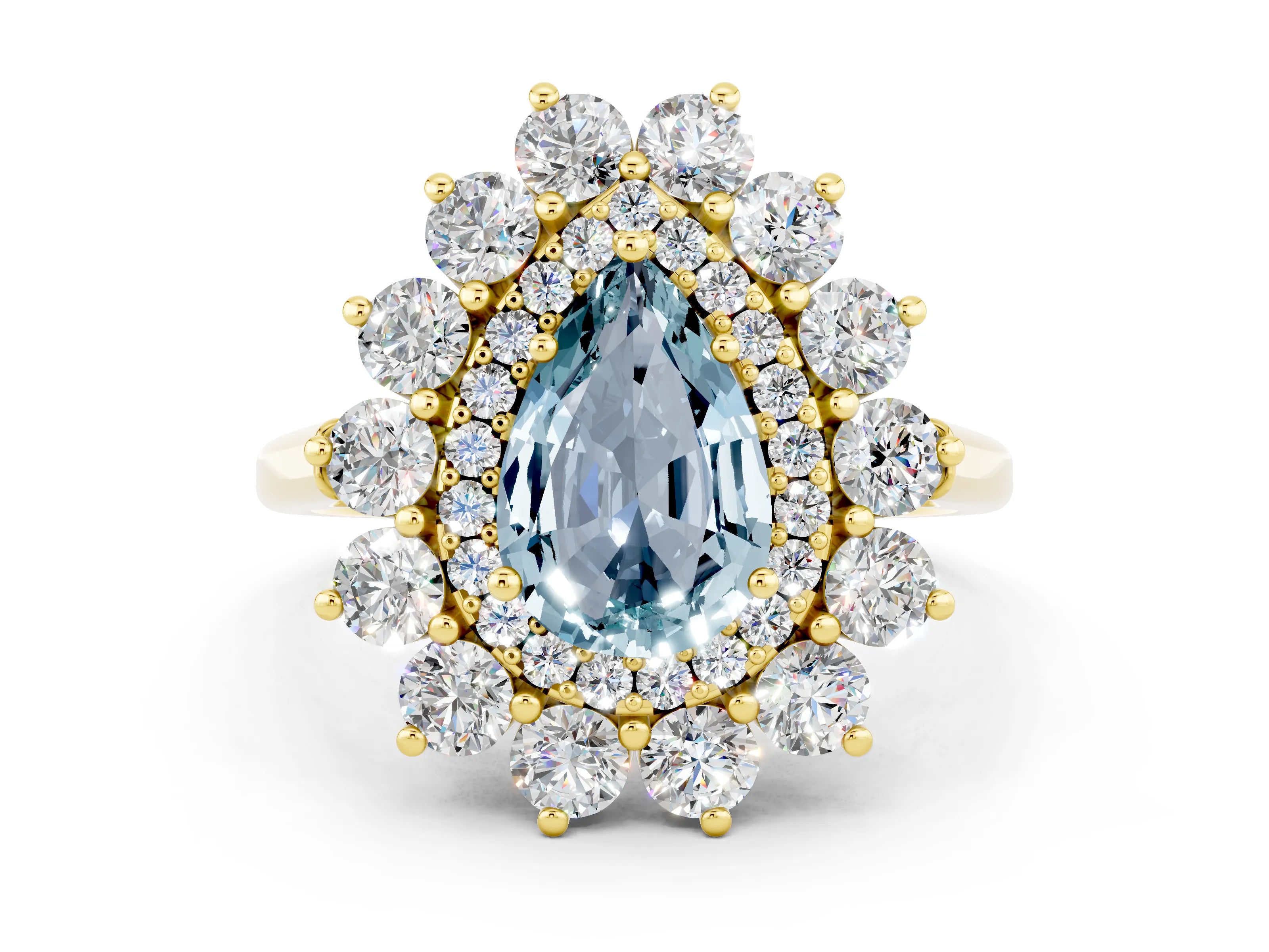 Yellow gold Pear Cut Halo Cluster Diamond Ring with Pave Band and Four-Prong Setting