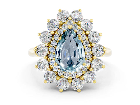 Yellow gold Pear Cut Halo Cluster Diamond Ring with Pave Band and Four-Prong Setting