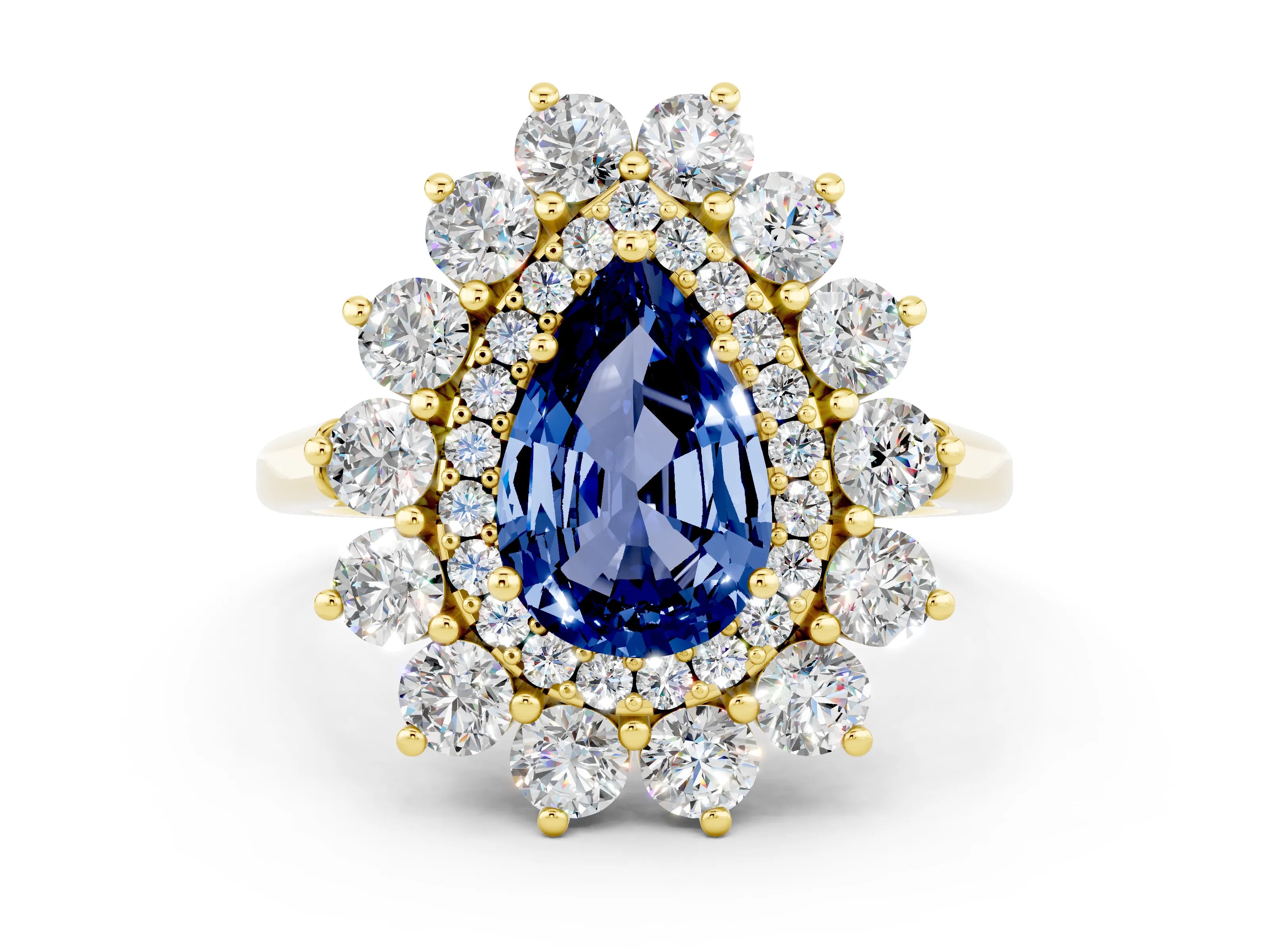 Yellow gold Pear Cut Halo Cluster Diamond Ring with Pave Band and Four-Prong Setting