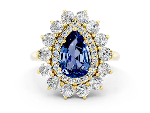 Yellow gold Pear Cut Halo Cluster Diamond Ring with Pave Band and Four-Prong Setting