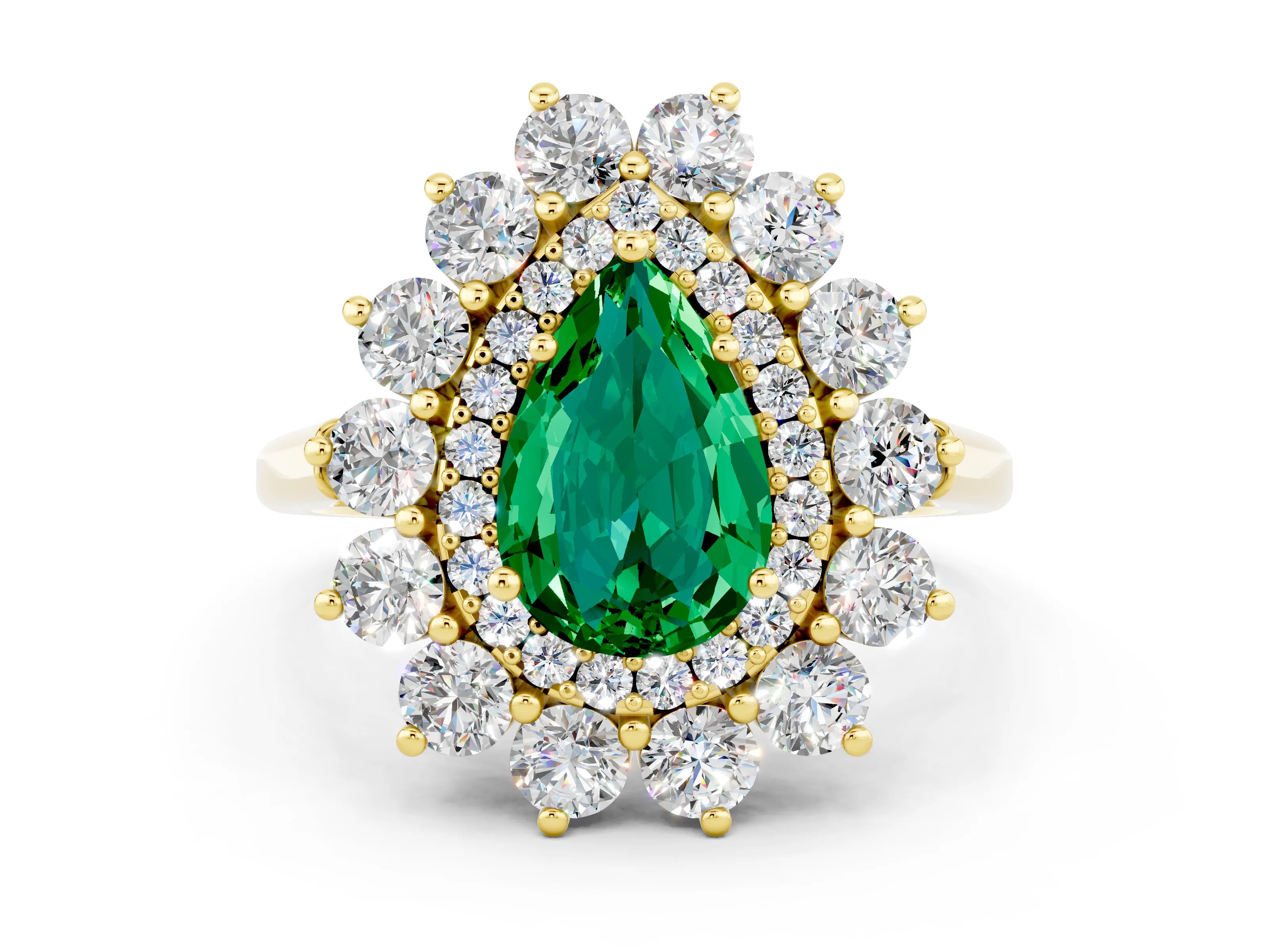 Yellow gold Pear Cut Halo Cluster Diamond Ring with Pave Band and Four-Prong Setting
