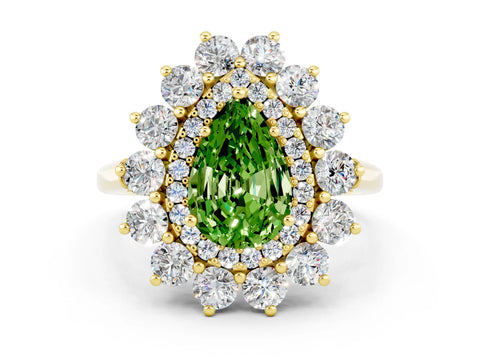 Yellow gold Pear Cut Halo Cluster Diamond Ring with Pave Band and Four-Prong Setting