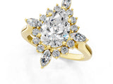Yellow gold Pear Cut Halo Diamond Cluster Ring with Marquise and Round Stones on a White Gold Band with Prong Setting_10