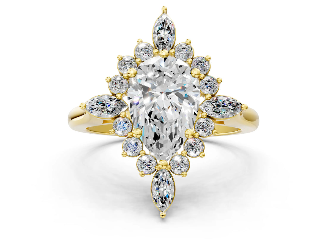 Yellow gold Pear Cut Halo Diamond Cluster Ring with Marquise and Round Stones on a White Gold Band with Prong Setting_9