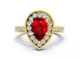 Yellow gold Pear Cut Halo Diamond Engagement Ring with Milgrain Pave Band and Four-Prong Setting