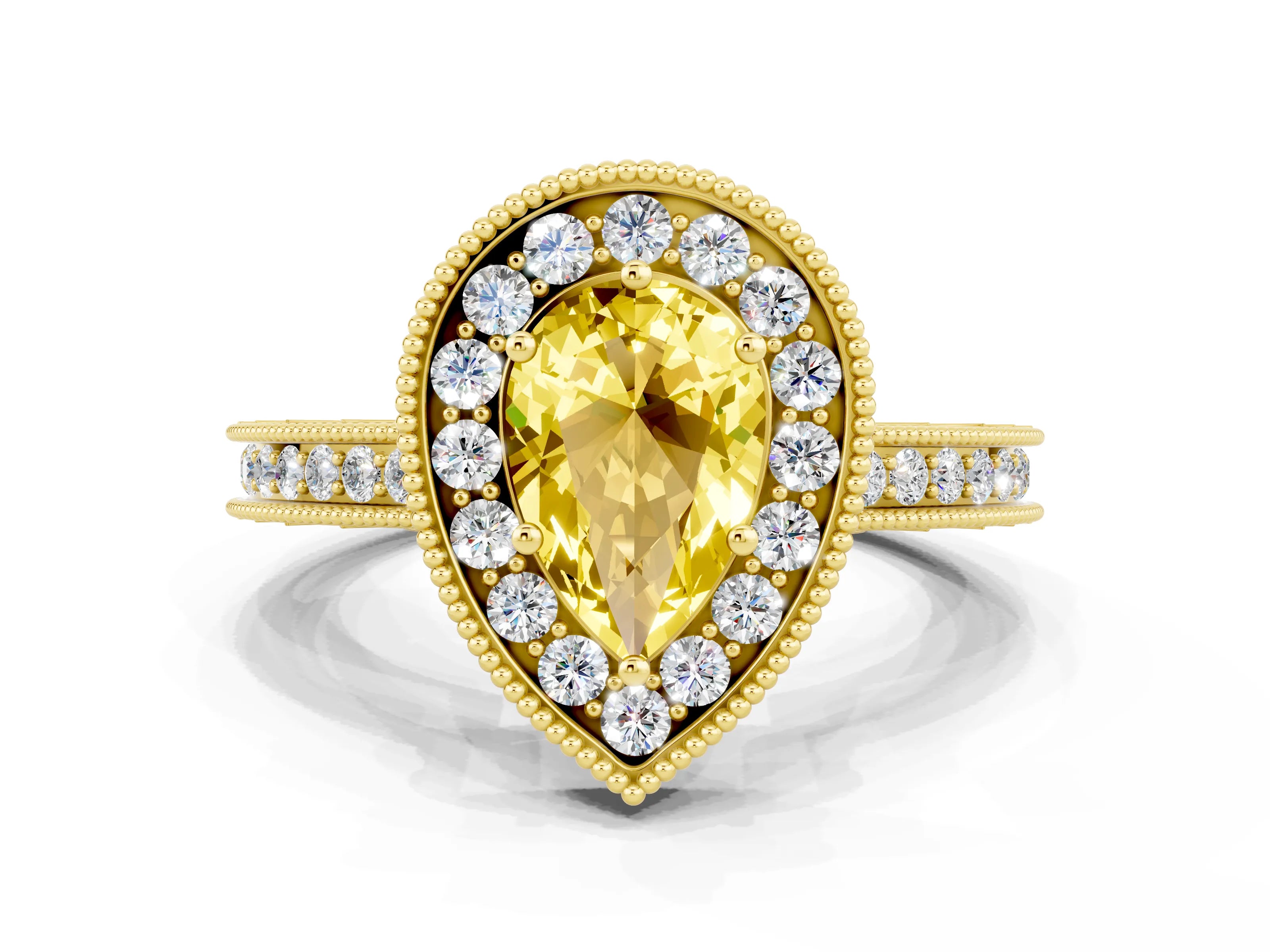 Yellow gold Pear Cut Halo Diamond Engagement Ring with Milgrain Pave Band and Four-Prong Setting