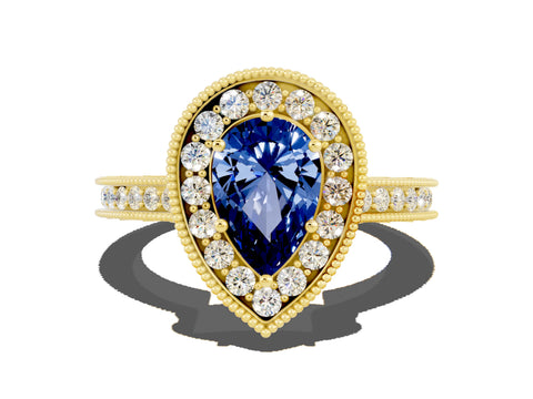 Yellow gold Pear Cut Halo Diamond Engagement Ring with Milgrain Pave Band and Four-Prong Setting