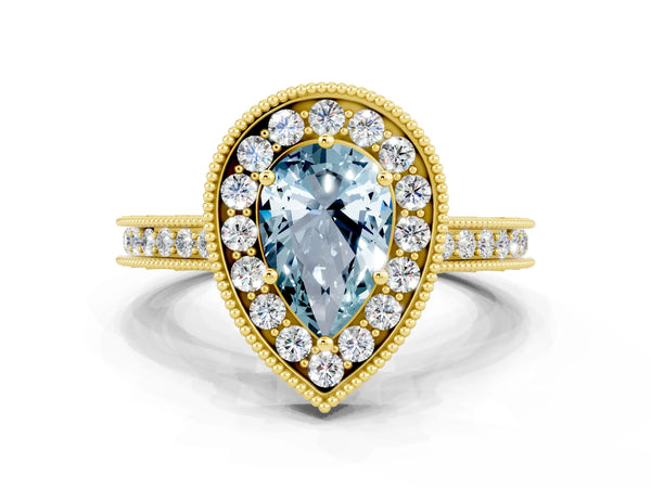 Yellow gold Pear Cut Halo Diamond Engagement Ring with Milgrain Pave Band and Four-Prong Setting