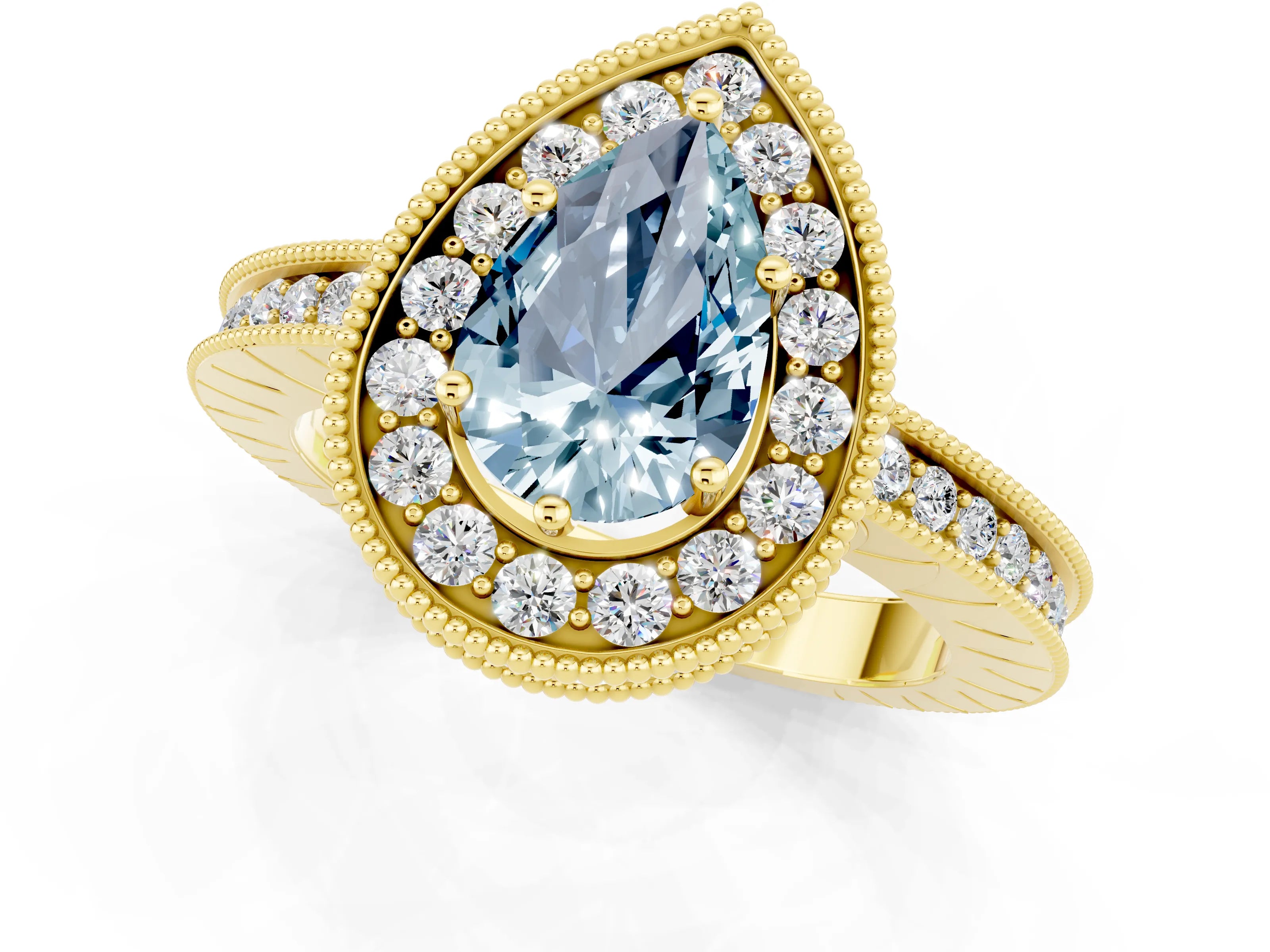 Yellow gold Pear Cut Halo Diamond Engagement Ring with Milgrain Pave Band and Four-Prong Setting_13