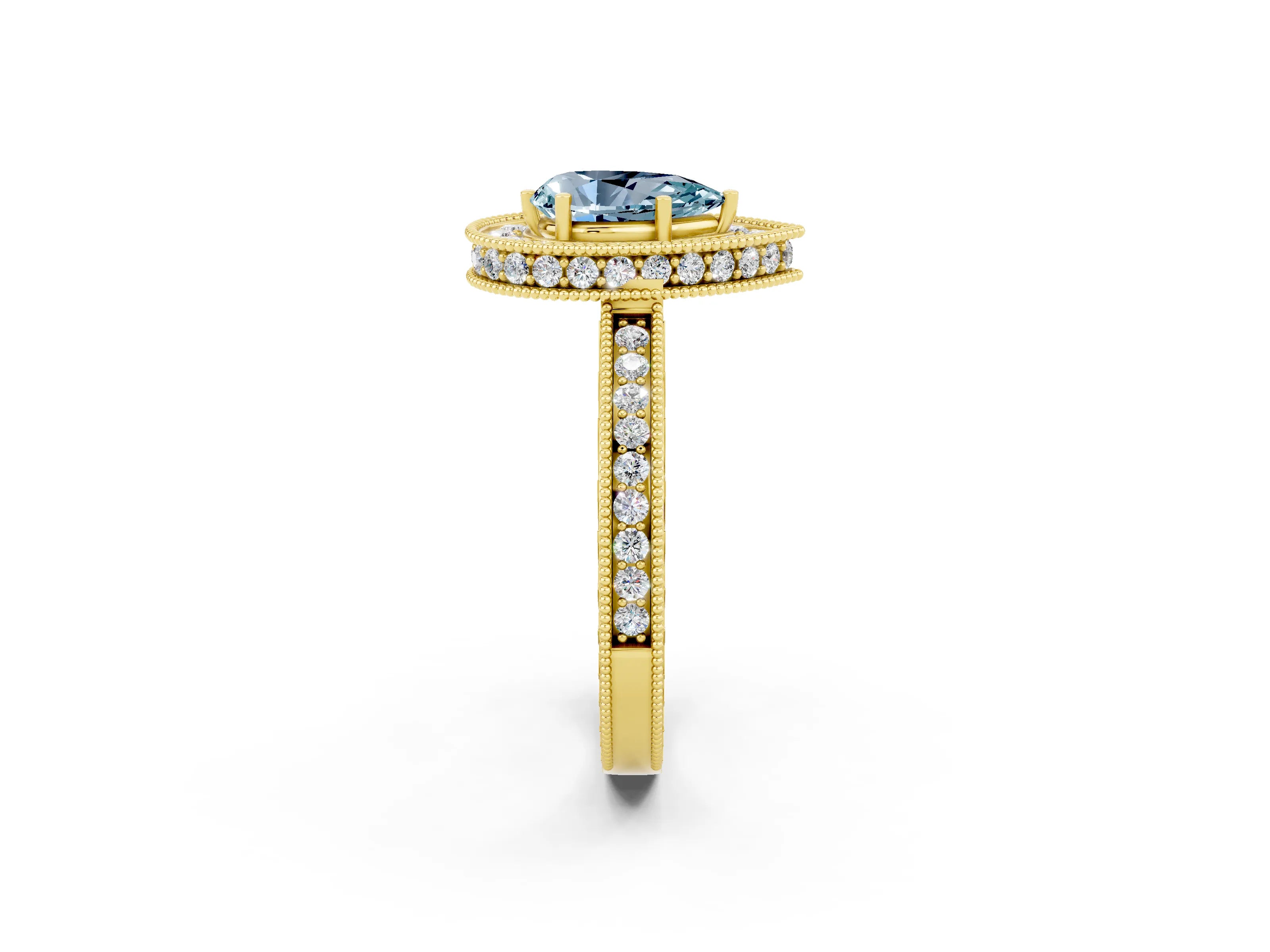 Yellow gold Pear Cut Halo Diamond Engagement Ring with Milgrain Pave Band and Four-Prong Setting_14