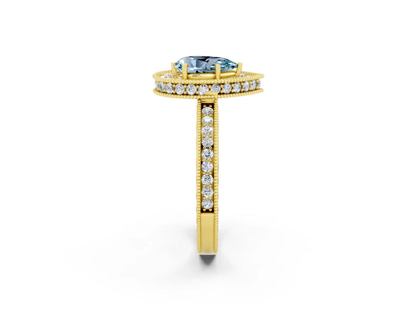 Yellow gold Pear Cut Halo Diamond Engagement Ring with Milgrain Pave Band and Four-Prong Setting
