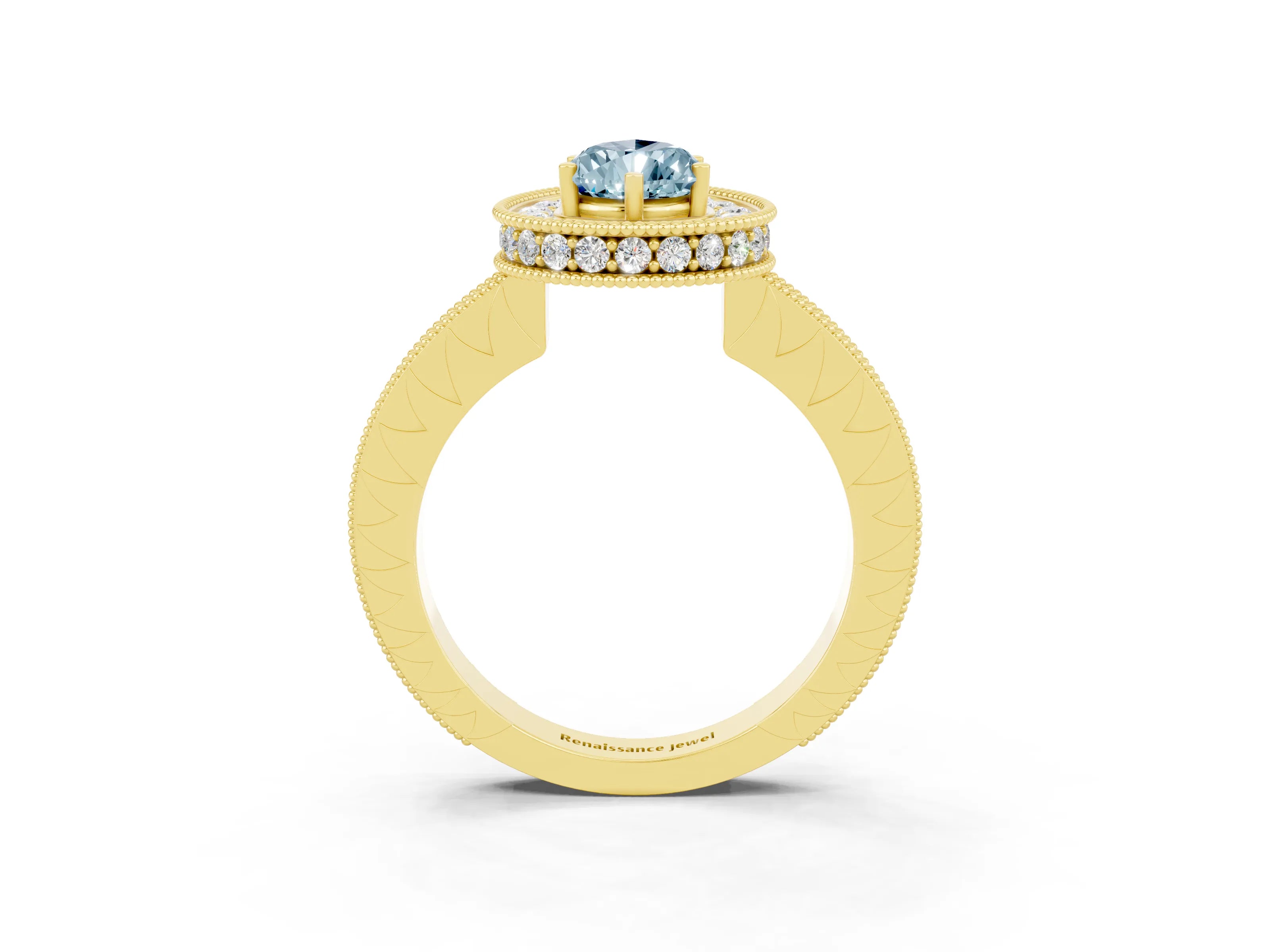 Yellow gold Pear Cut Halo Diamond Engagement Ring with Milgrain Pave Band and Four-Prong Setting_15