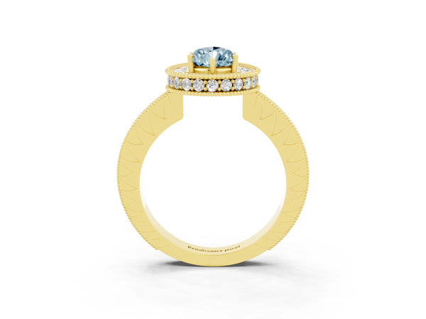 Yellow gold Pear Cut Halo Diamond Engagement Ring with Milgrain Pave Band and Four-Prong Setting