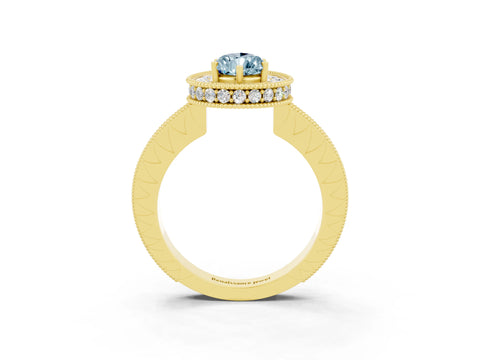 Yellow gold Pear Cut Halo Diamond Engagement Ring with Milgrain Pave Band and Four-Prong Setting_15