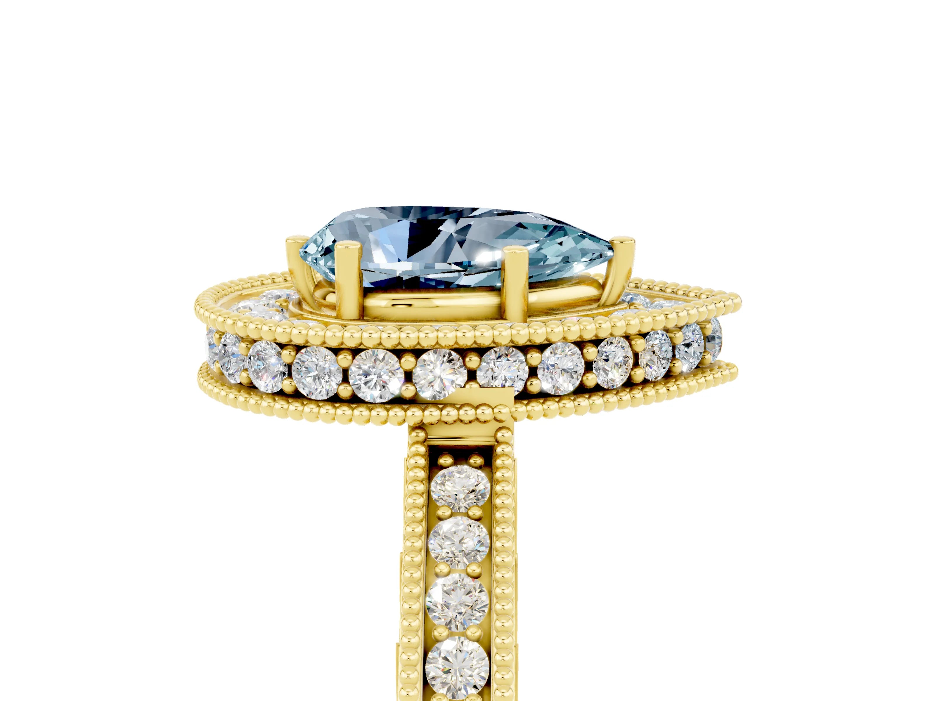 Yellow gold Pear Cut Halo Diamond Engagement Ring with Milgrain Pave Band and Four-Prong Setting_17
