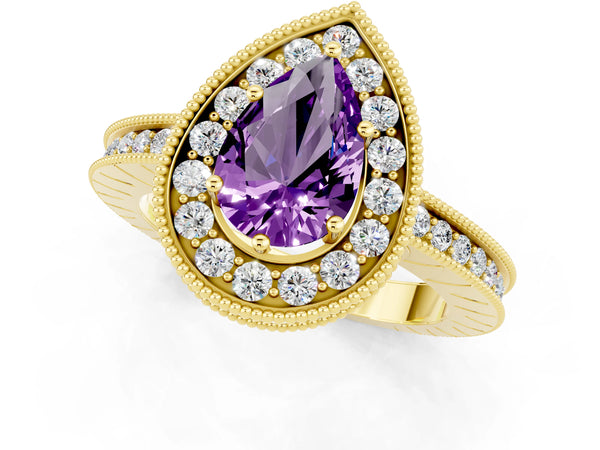 Yellow gold Pear Cut Amethyst Milgrain Halo Engagement Ring with Round Pavé Band and Prong Setting
