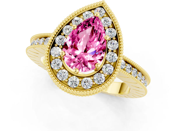 Yellow gold Pear Cut Halo Diamond Engagement Ring with Milgrain Pave Band and Four-Prong Setting