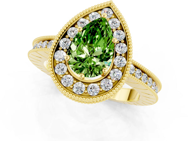 Yellow gold Pear Cut Halo Diamond Engagement Ring with Milgrain Pave Band and Four-Prong Setting