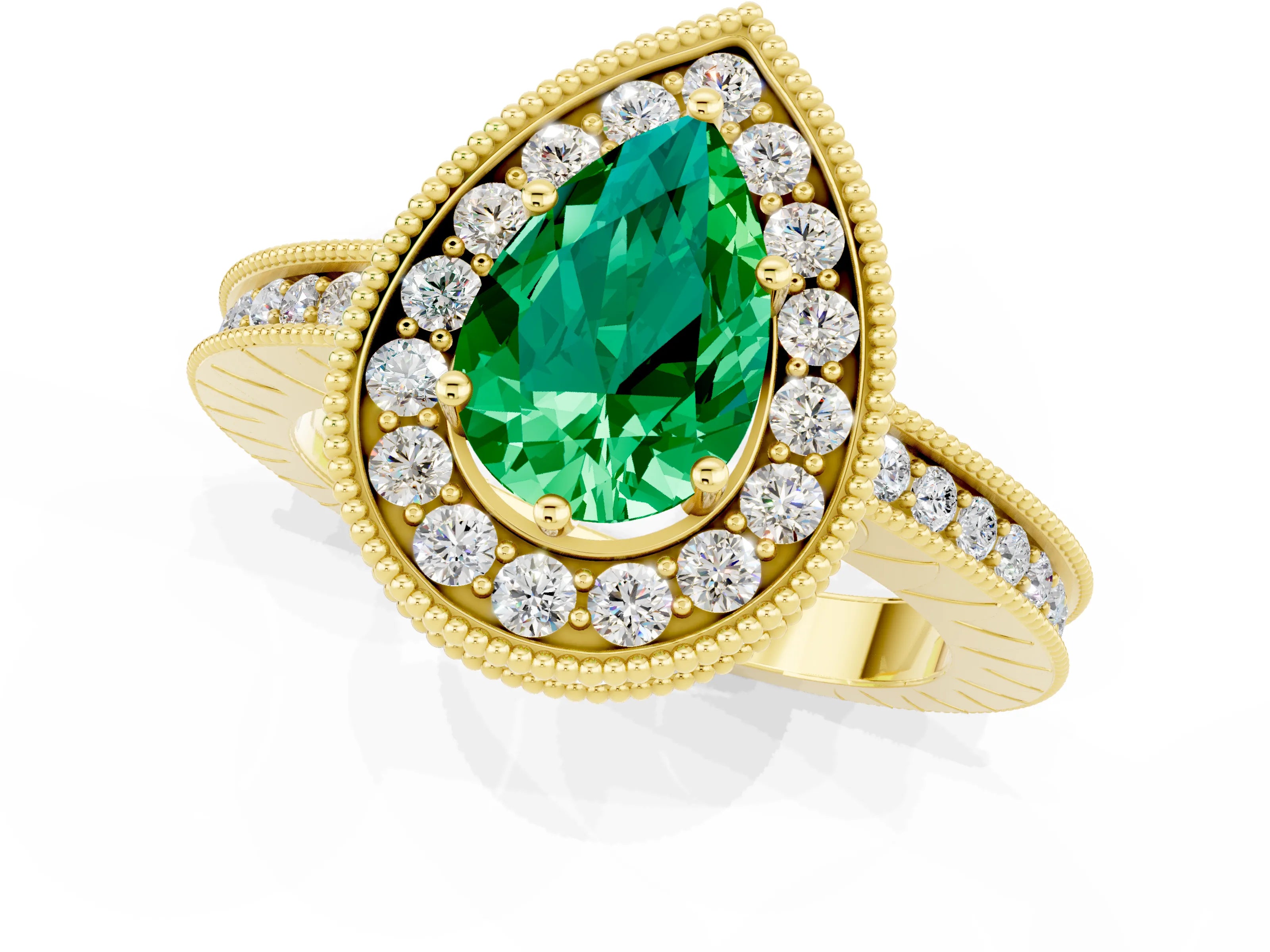 Yellow gold Pear Cut Halo Diamond Engagement Ring with Milgrain Pave Band and Four-Prong Setting_1
