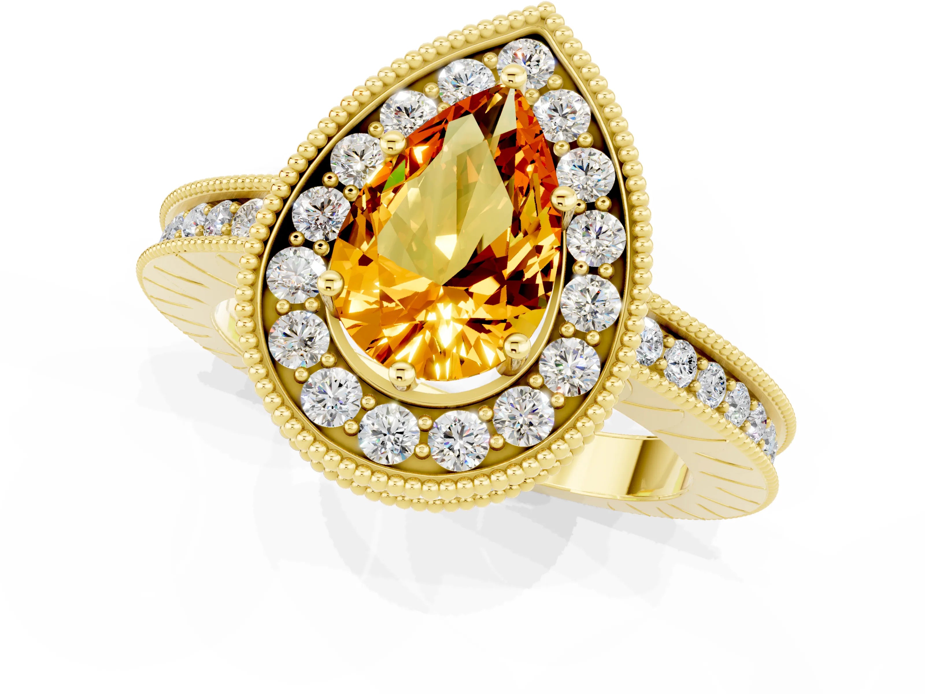 Yellow gold Pear Cut Halo Diamond Engagement Ring with Milgrain Pave Band and Four-Prong Setting_1