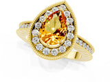 Yellow gold Pear Cut Halo Diamond Engagement Ring with Milgrain Pave Band and Four-Prong Setting_1